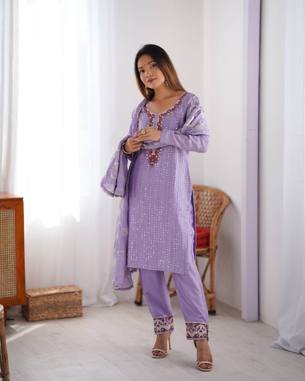 Purple Chinon silk kurti set with sequin thread work, a fully stitched kurti set online with 3XL margin—perfect festive wear for women by Trinaari.