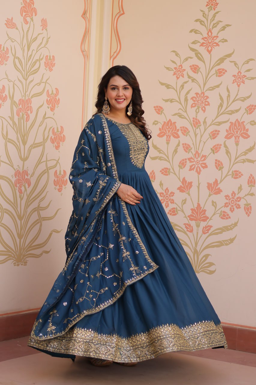 Rama Blue Star Georgette Zari Sequins Embroidered Gown with Dupatta