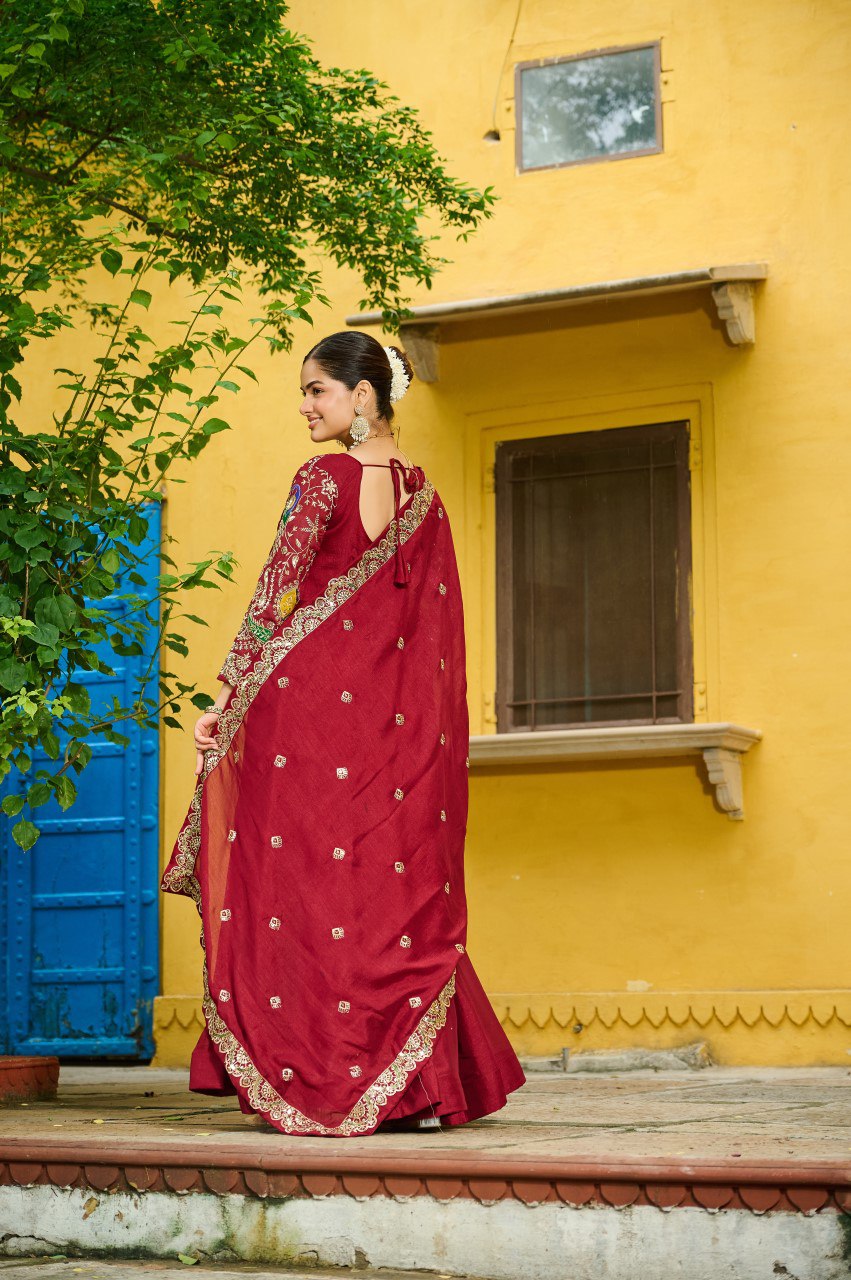 Maroon Vichitra Silk Multi Thread Zari Embroidery Gown with Dupatta