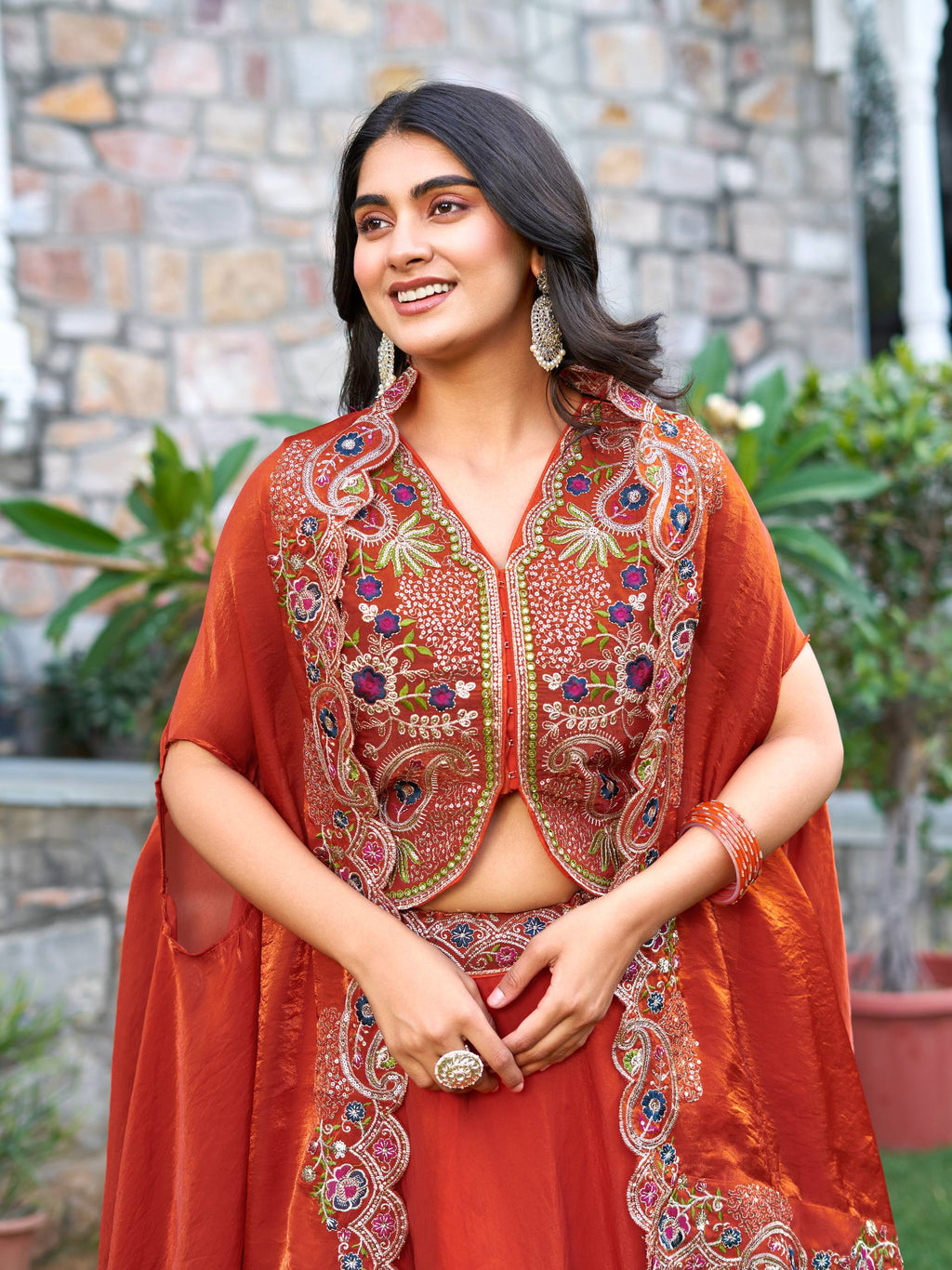 Orange festive wear Fendy silk lehenga choli with embroidery