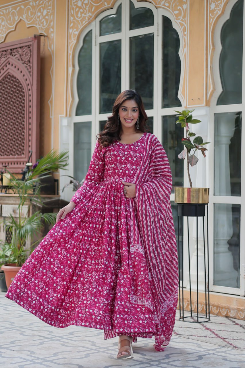 Mahi Pink Pure Cotton Anarkali Set with Dupatta