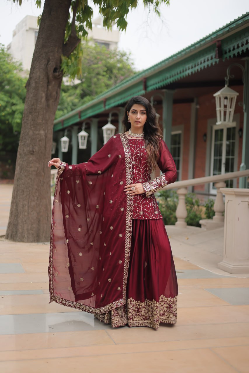 Hitanshi Maroon Rangoli Silk Embroidered Kurti Plazzo Set
