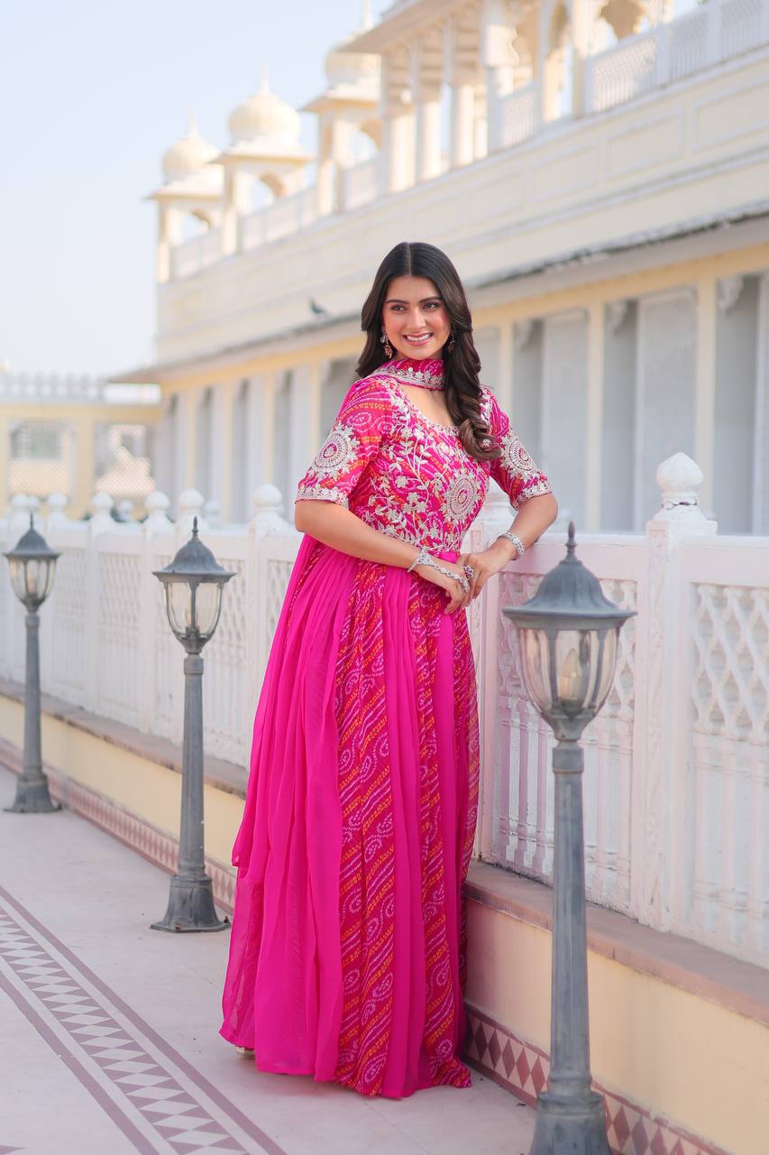 Saanvi Pure Bandhej Georgette Embroidered Gown Set