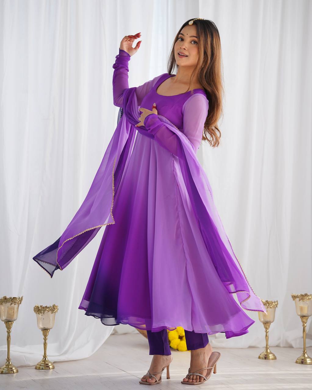 Purple georgette Anarkali gown with dupatta, printed flair gown set, party wear Anarkali set for women—fully stitched festive Trinaari outfit.