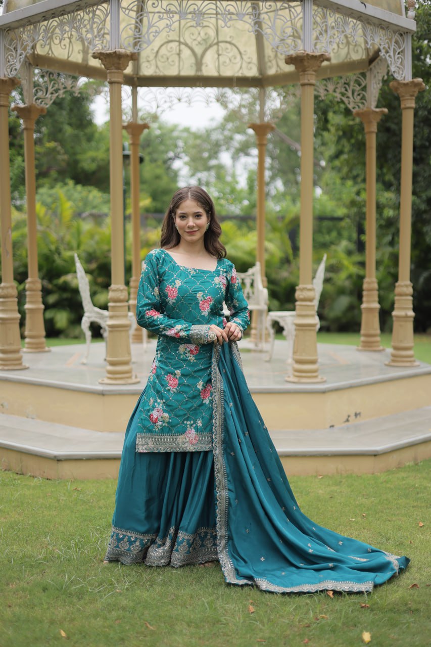 Medhasvi Teal Chinon Embroidered Kurti Sharara Set