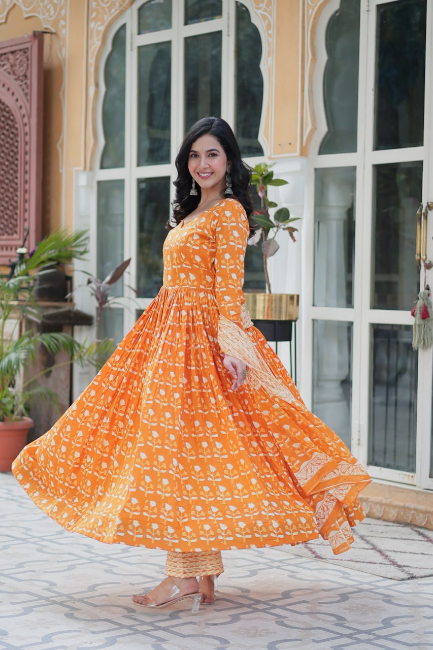 Ridhvini Orange Pure Cotton Printed Anarkali Set