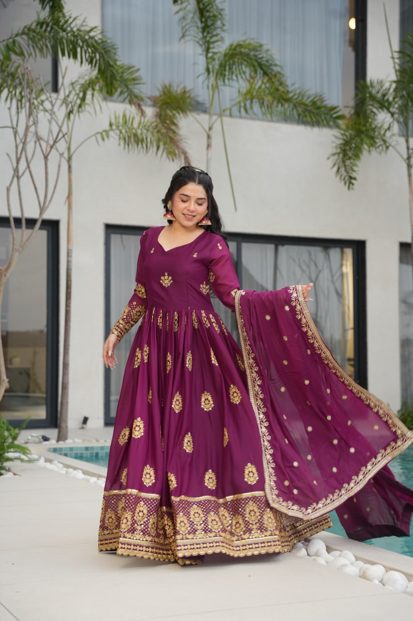 Rudrika Purple Embroidered Gown in soft Star Georgette with intricate zari and sequin work, full-length 56-inch flare gown with matching embroidered dupatta, elegant pan neck design, perfect for weddings and festive occasions