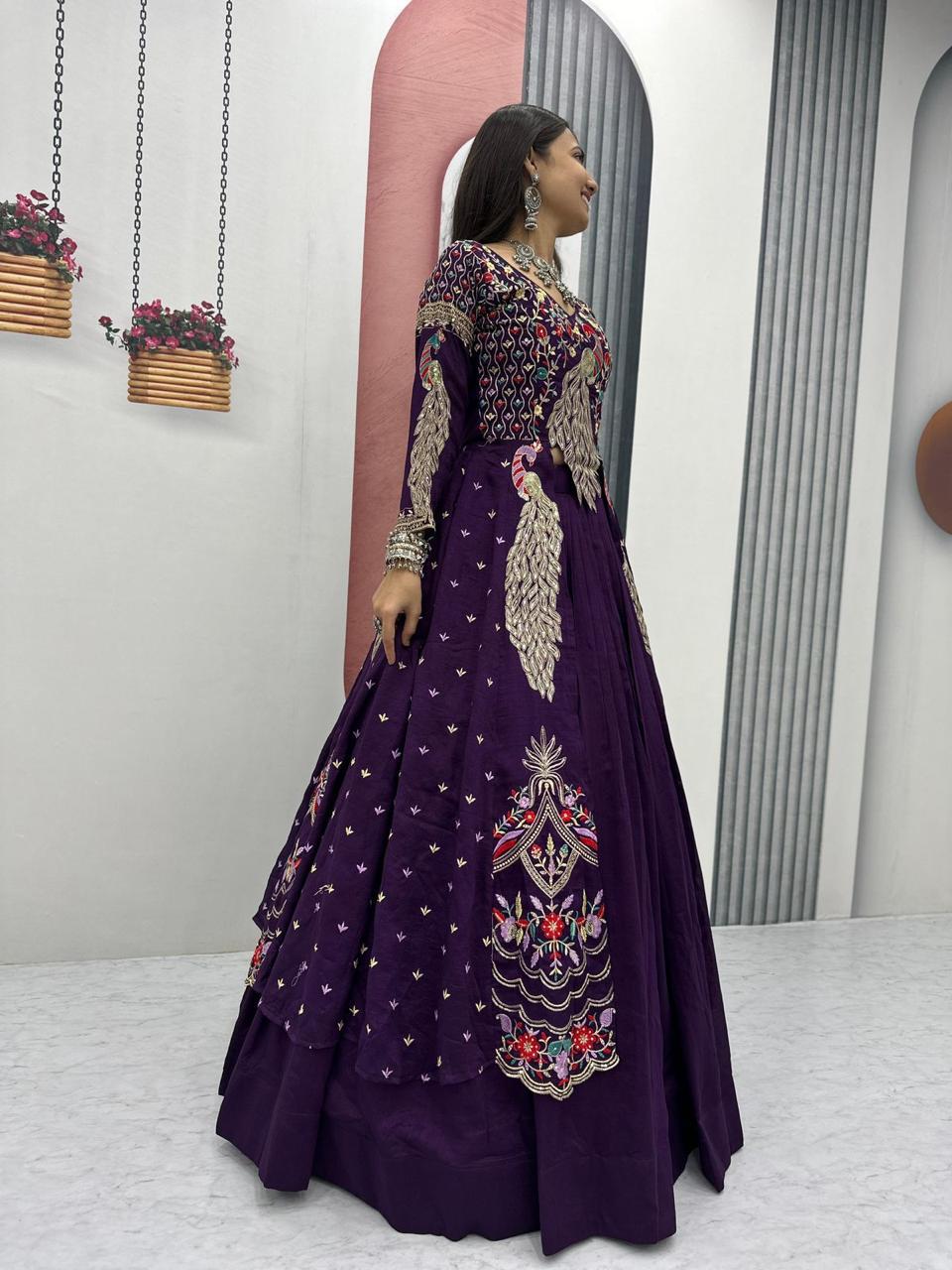 Mani purple Vichitra silk crop top peacock design lehenga with embroidered shrug