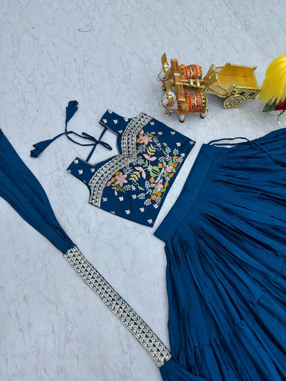 Blue chinon embroidered Maanvi designer lehenga choli koti outfit