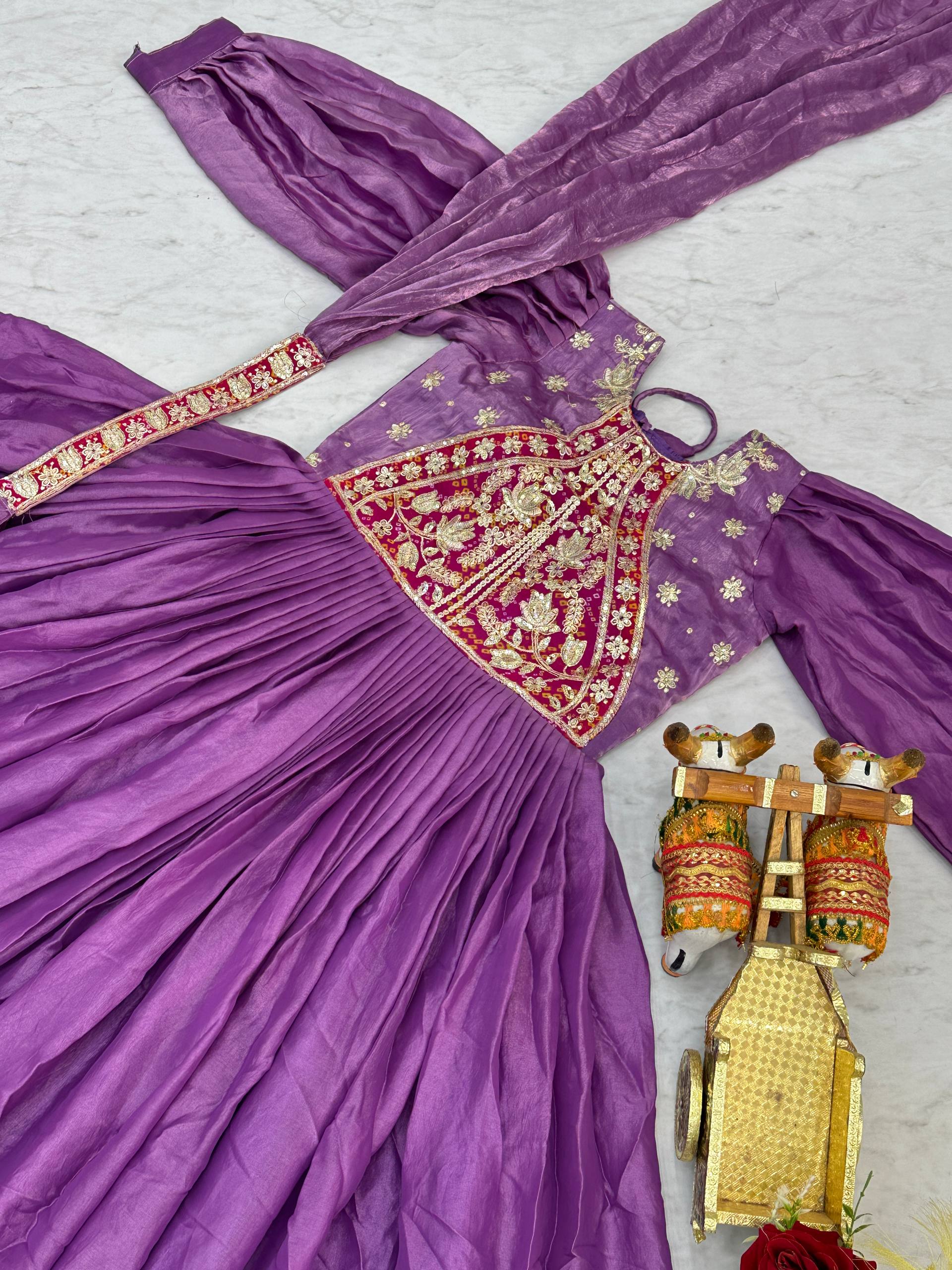 Ritu Purple Color Fendy Silk Sequins Thread Embroidery Work Gown with Dupatta