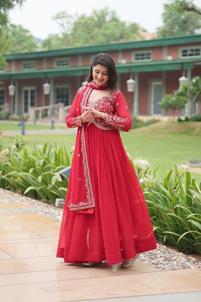 Parthavi Red Georgette Embroidered Anarkali Gown Set