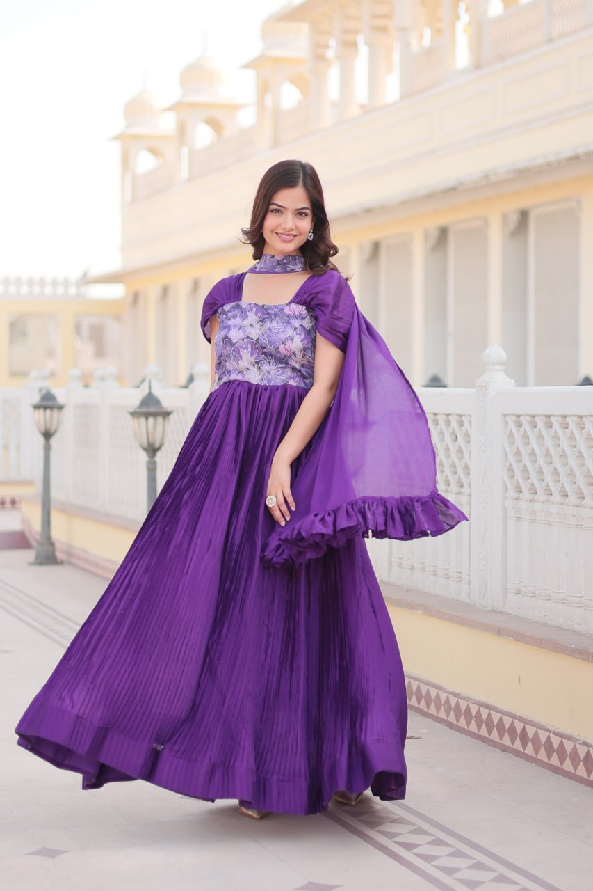 Shanta chinon purple printed anarkali gown set