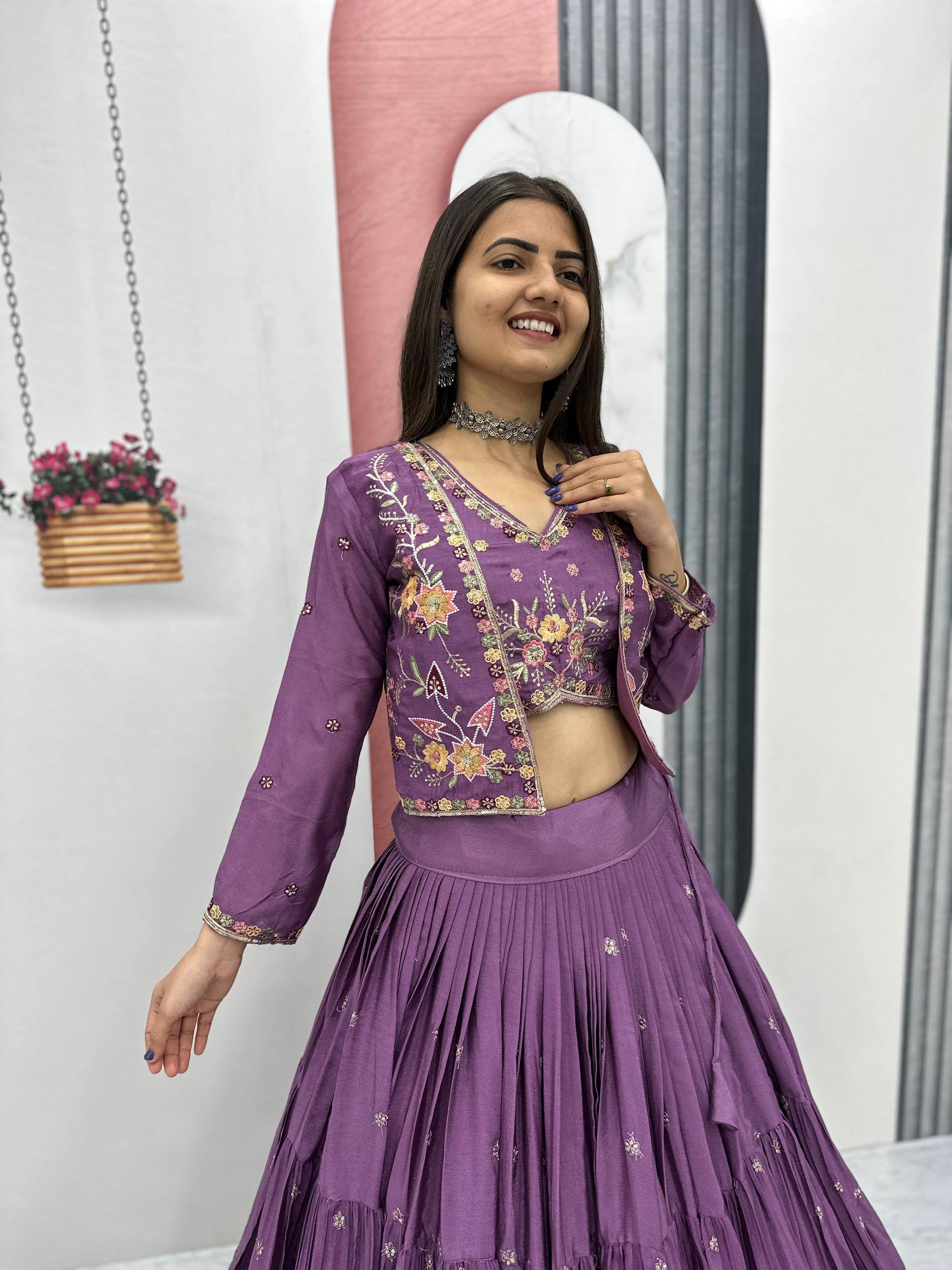 Purple chinon embroidered crop top lehenga with designer jacket