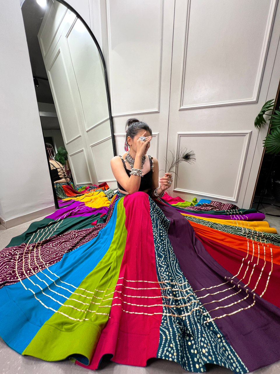 Multicolour pure rayon printed Gota Patti and mirror lace work lehenga