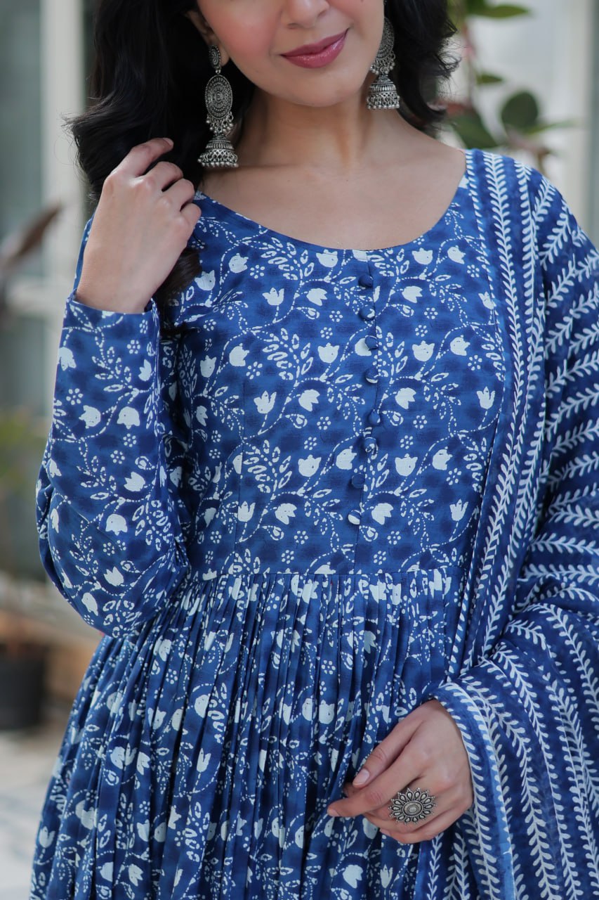 Mahi Blue Pure Cotton Anarkali Set with Dupatta