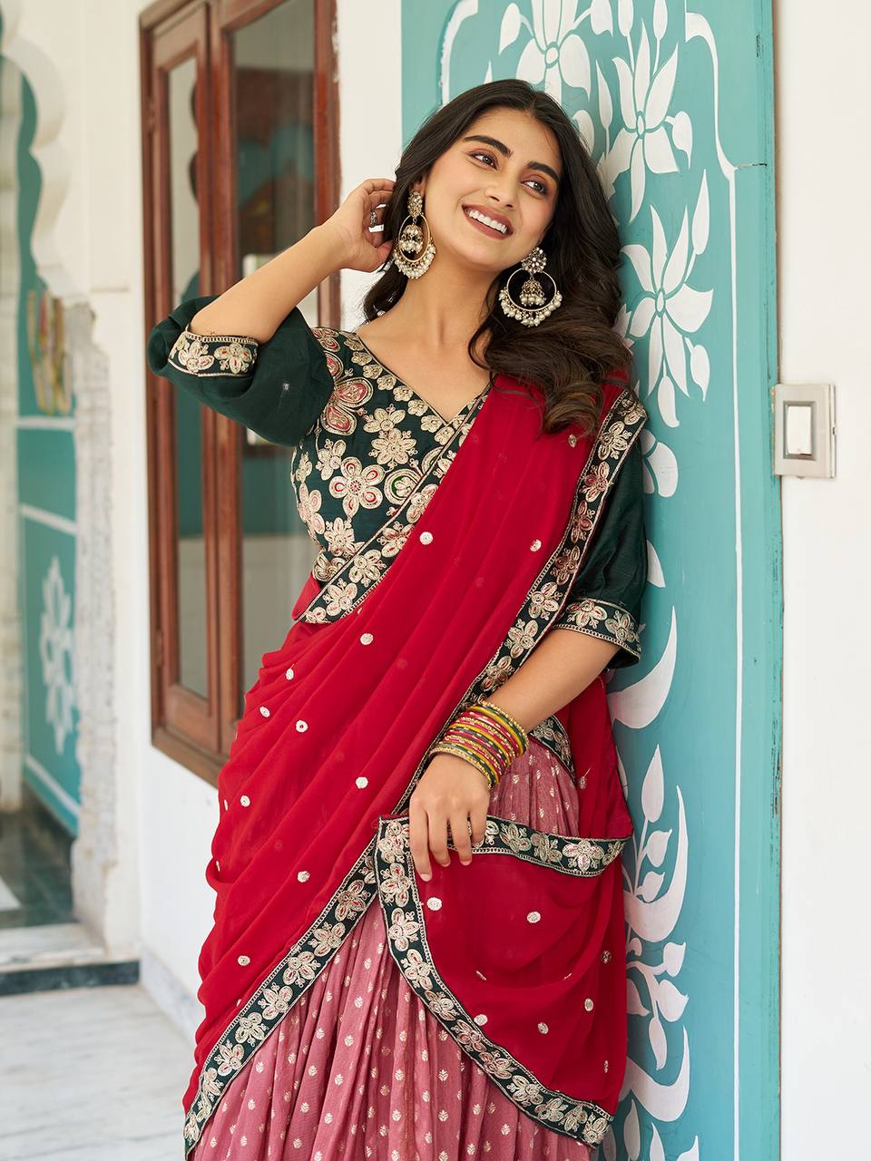 Multicolour silk lehenga choli set with heavy embroidery, sequin, and cording work; includes stitched shimmer lehenga, fully stitched mono silk choli, and embroidered georgette dupatta – perfect for weddings and festive occasions