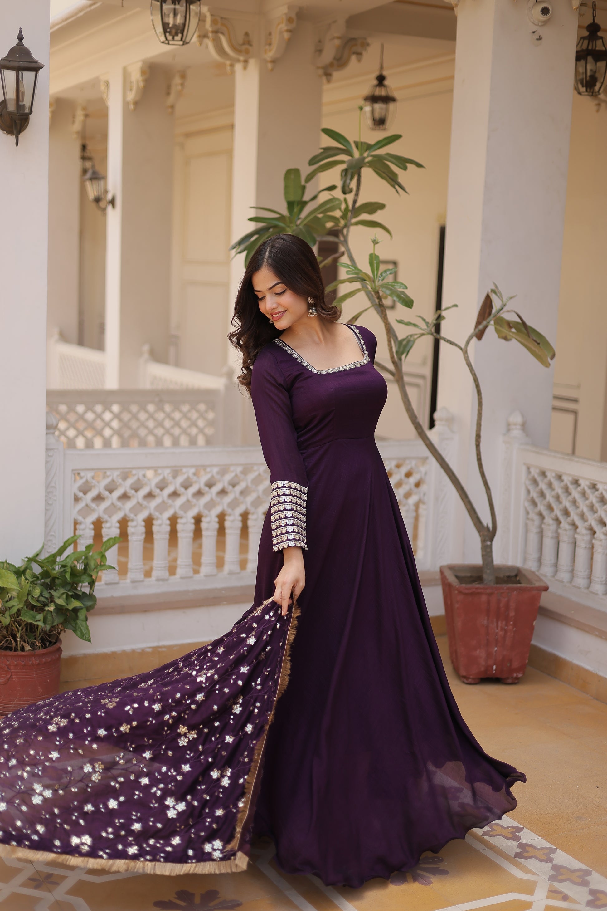 Aparajita Purple Vichitra Silk Anarkali Gown Set