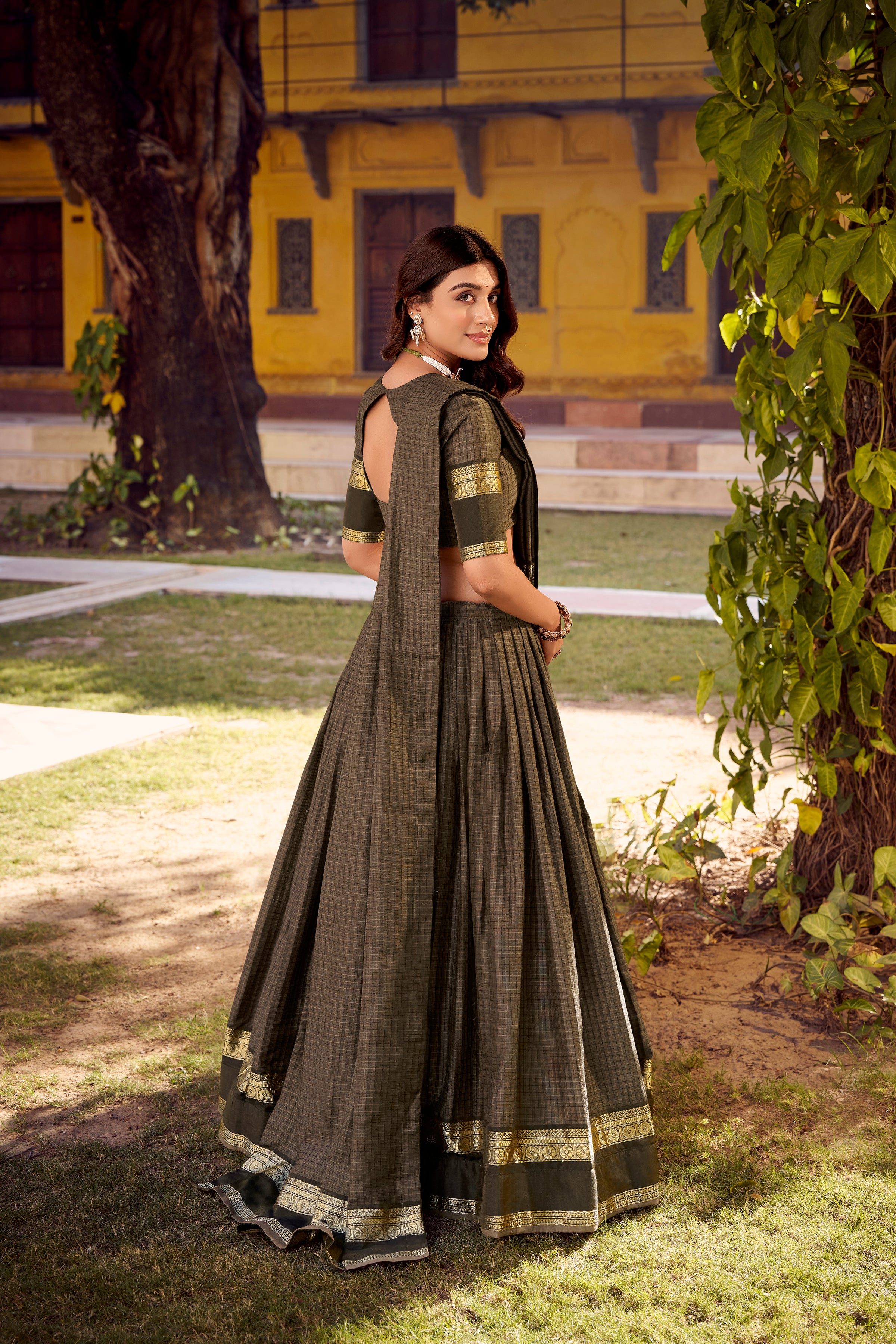 Rimi Grey Color Chettinad Cotton Chex With Zari Weaving Work Half-Saree Lehenga