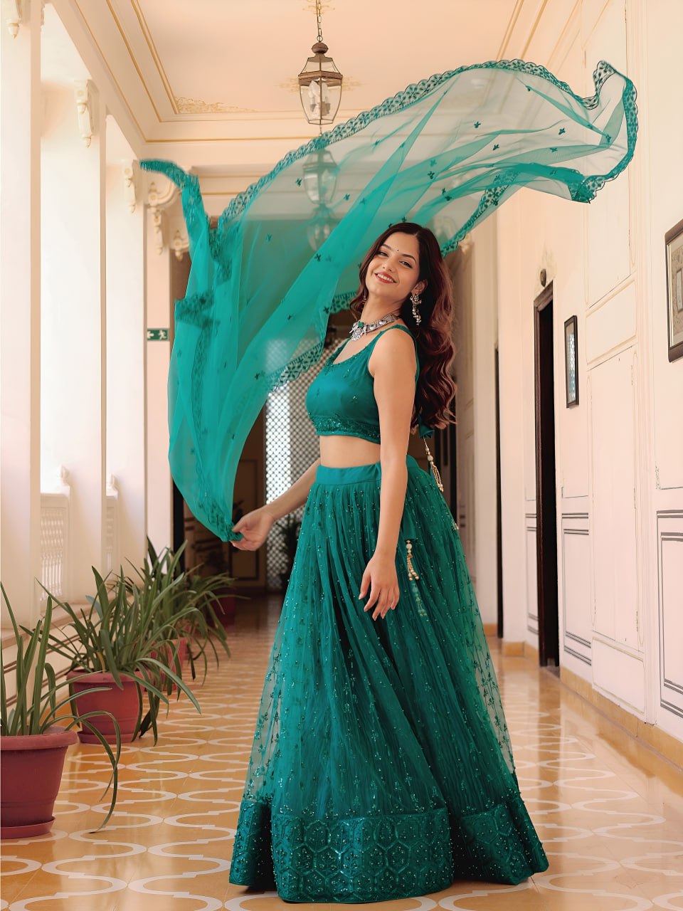 Teal green soft net thread sequins pearl embroidery lehenga choli
