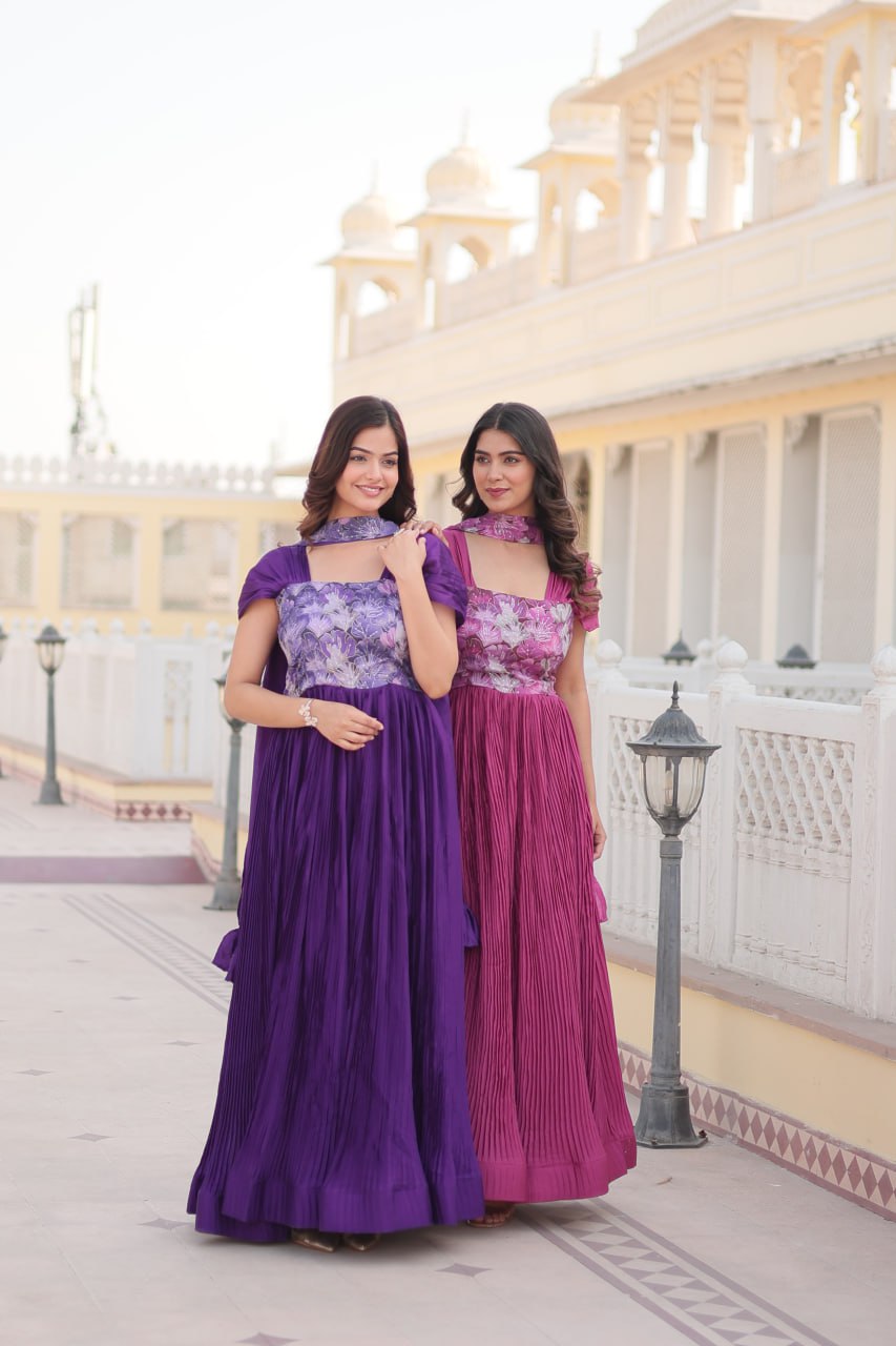 Shanta chinon purple printed anarkali gown set