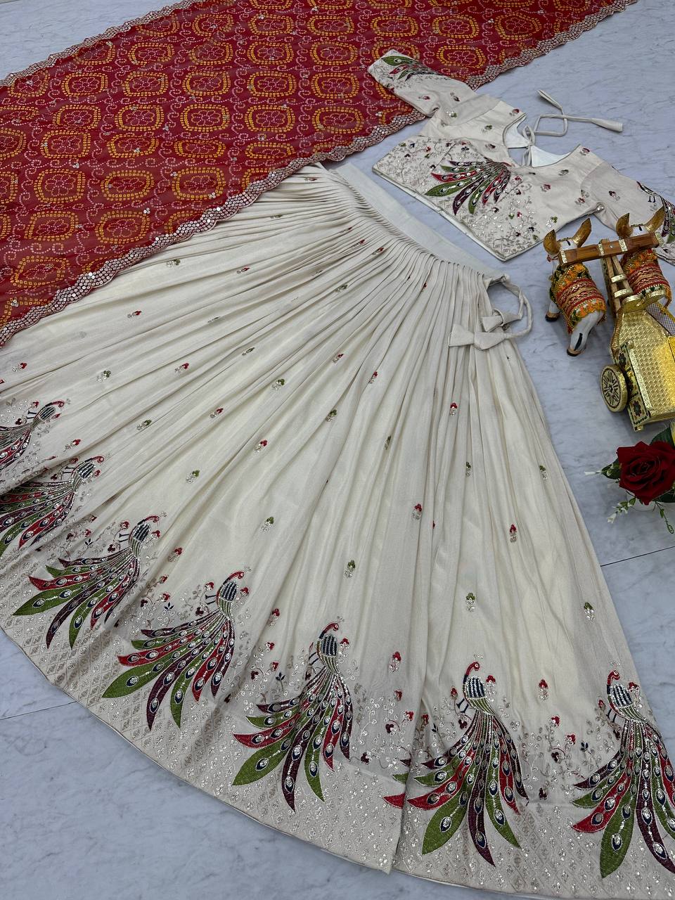 Amla Off-White Tissue Silk Sequins Thread Work Lehenga Choli with Red Bandhej Dupatta