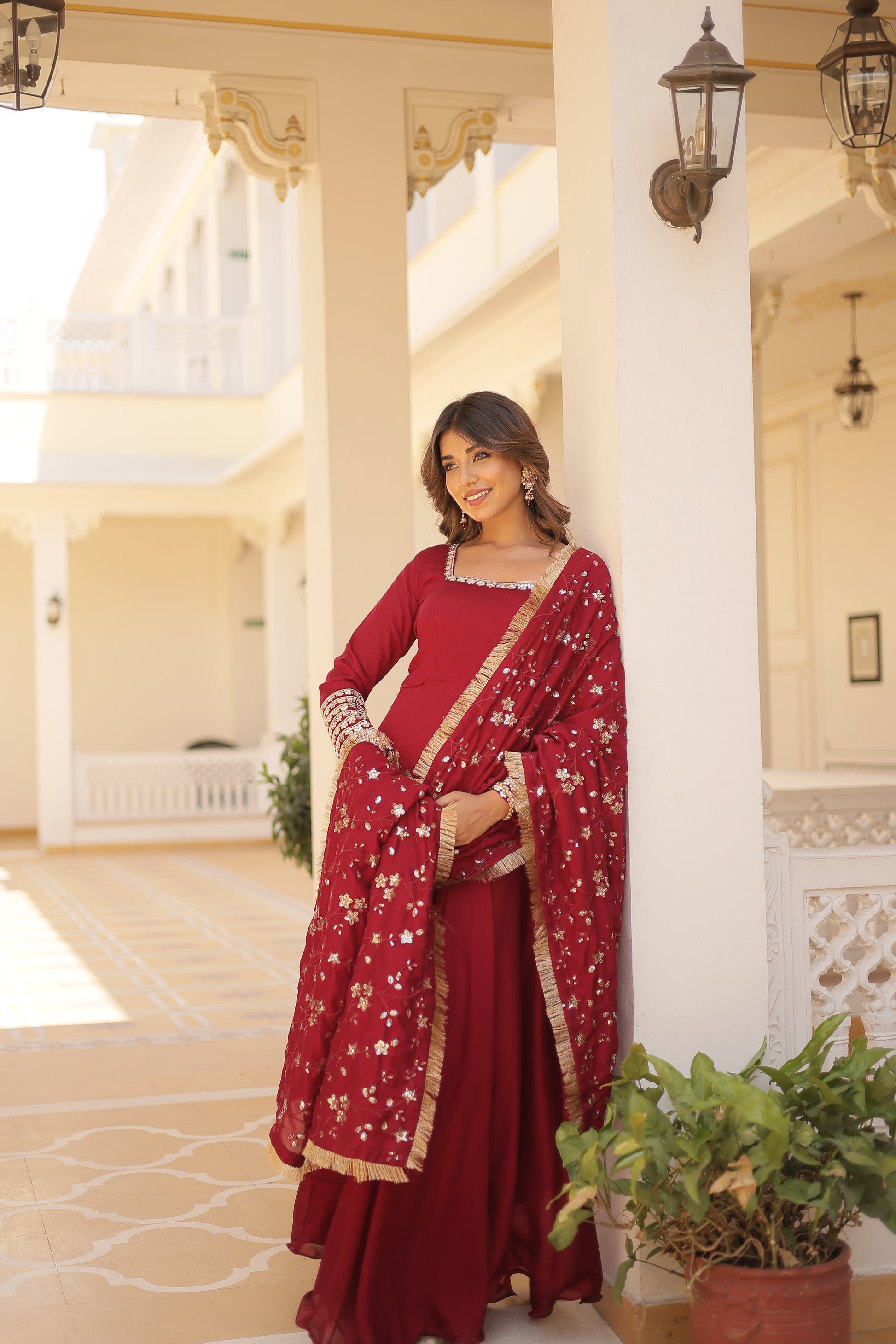 Aparajita Maroon Vichitra Silk Anarkali Gown Set
