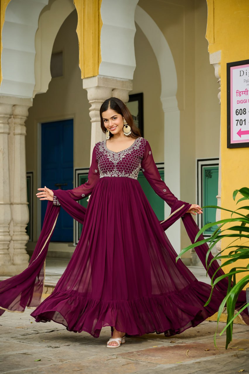 Wine Color Faux Blooming Beads Embroidered Gown with Dupatta