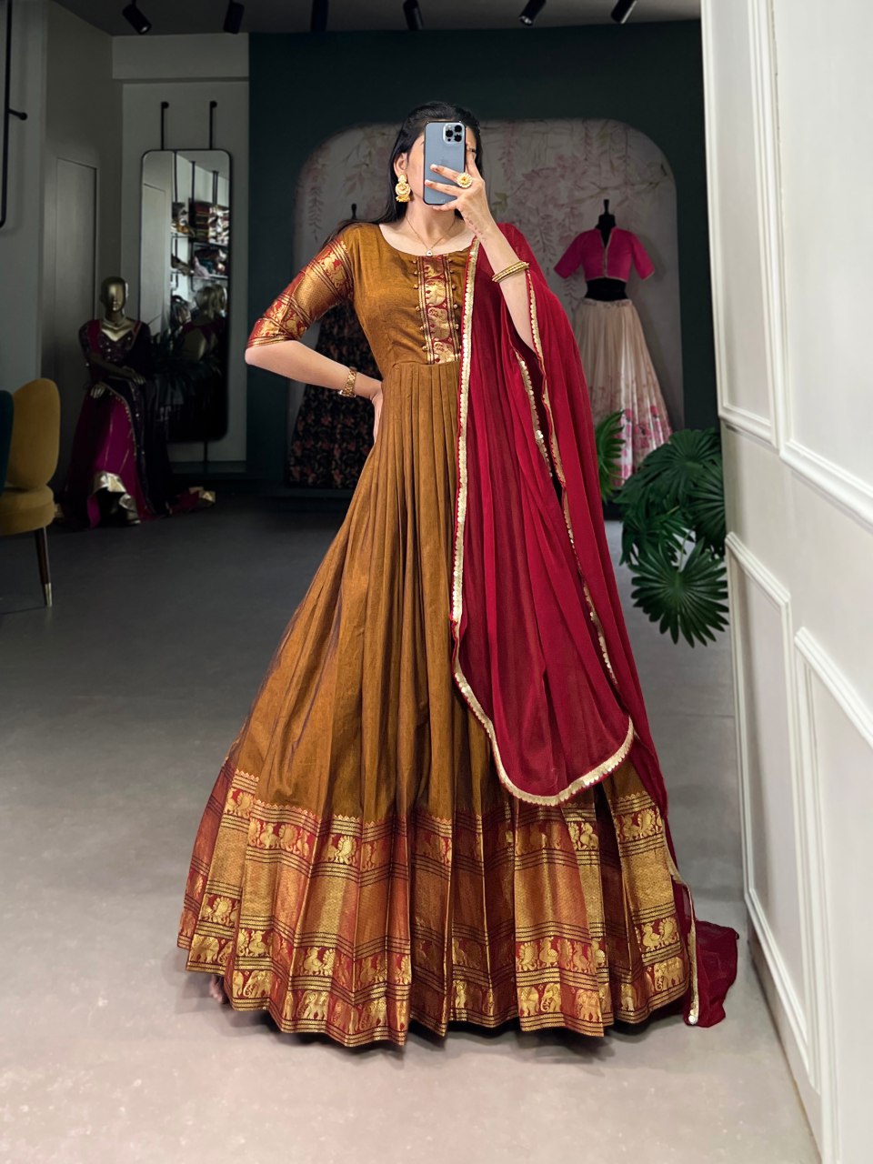 Rust brown cotton Anarkali gown with dupatta, Zari woven ethnic dress, stitched festive gown for women, lightweight party wear, Trinaari premium wear.