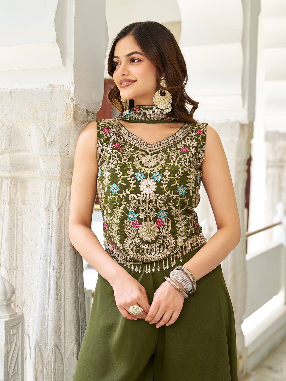 Stuti Olive Green Star Georgette Sequins Thread Embroidery Work Top Palazzo Set