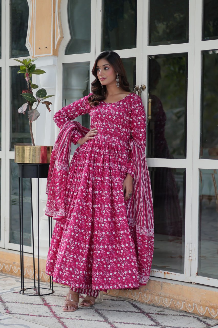 Mahi Pink Pure Cotton Anarkali Set with Dupatta