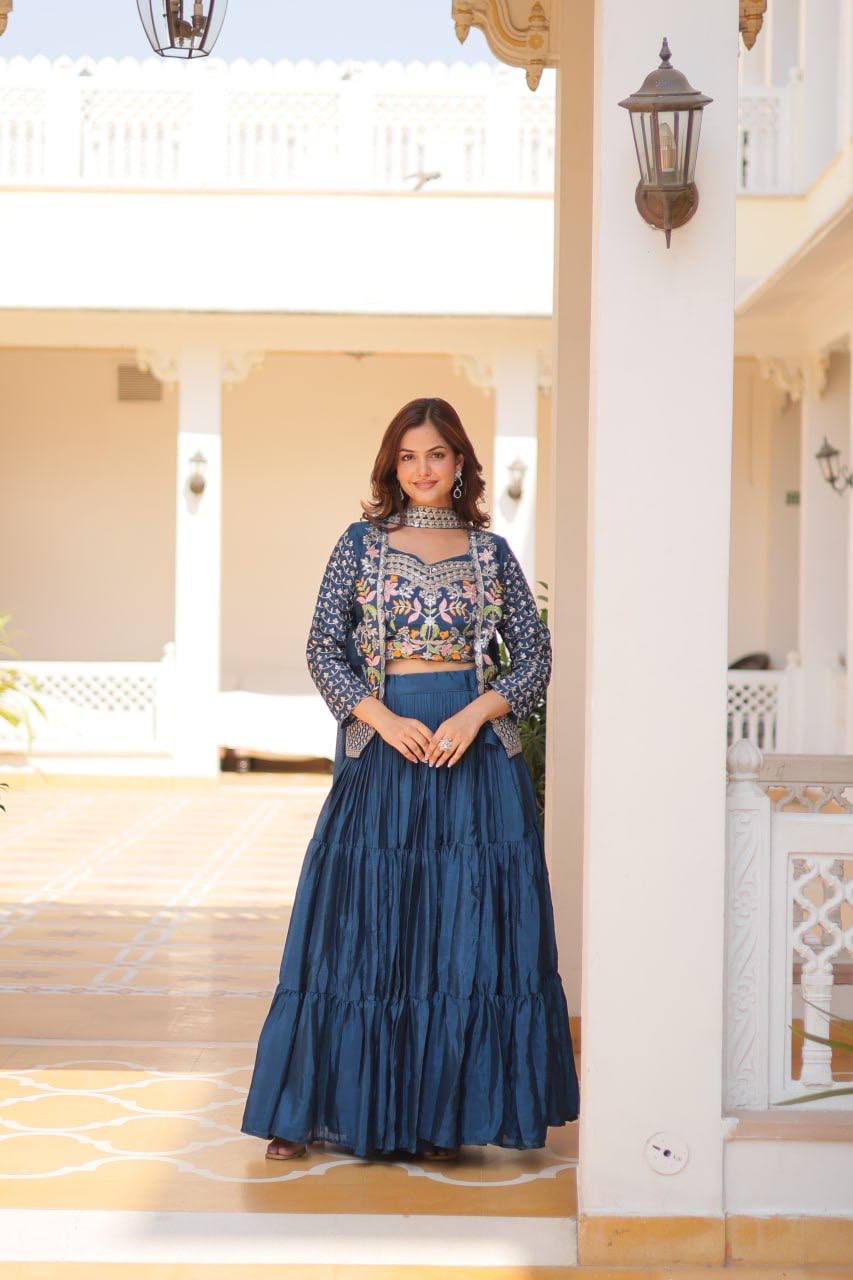 Blue chinon embroidered Maanvi designer lehenga choli koti outfit