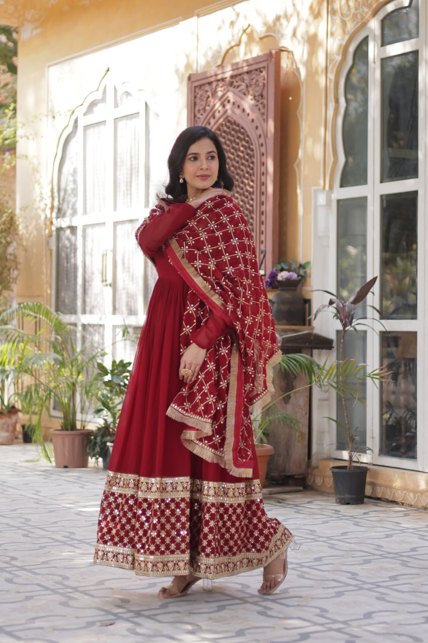 Avishka Maroon Embroidered Anarkali Gown Set