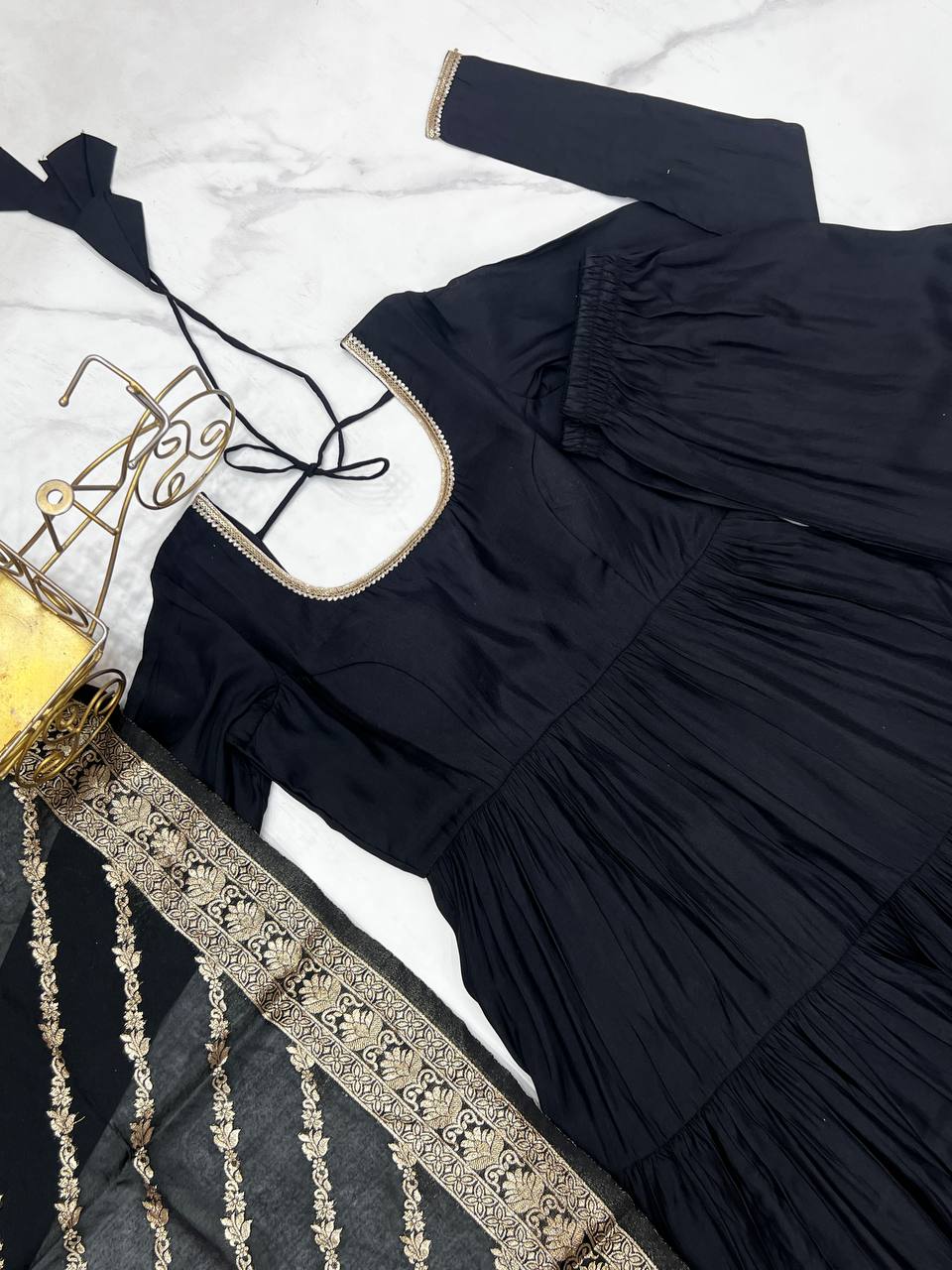 Black Roman Silk Anarkali suit with 9-meter flair, Banarasi dupatta & pant—elegant festive wear for weddings, parties & traditional occasions.