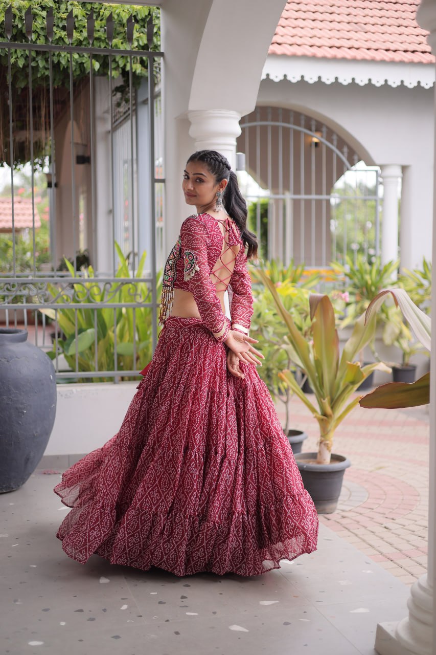Anjali Brown Faux Georgette Bandhani Kutchi Patchework Lehenga