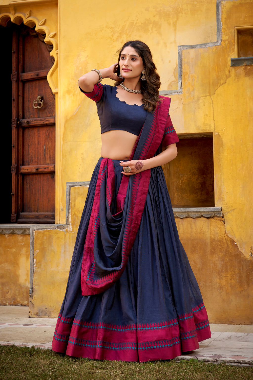 Swastika navy blue pure Chanderi thread work half saree lehenga