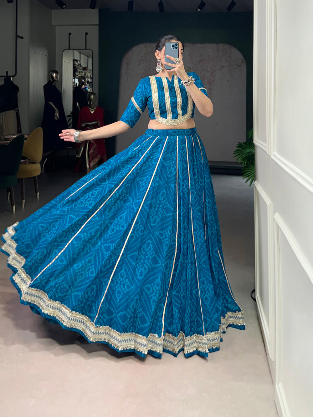 Blue Chiffon Bandhej Print Gota Patti Lace Work Lehenga Choli