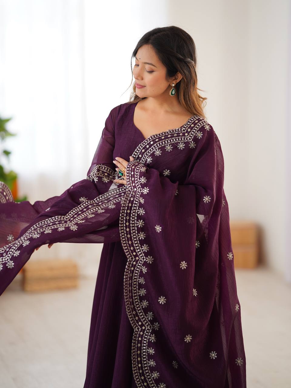 Tiya purple Fandy Silk Anarkali suit with 4.5-meter flair, full sleeves & embroidered dupatta – stitched & ready for weddings, parties & festive wear.