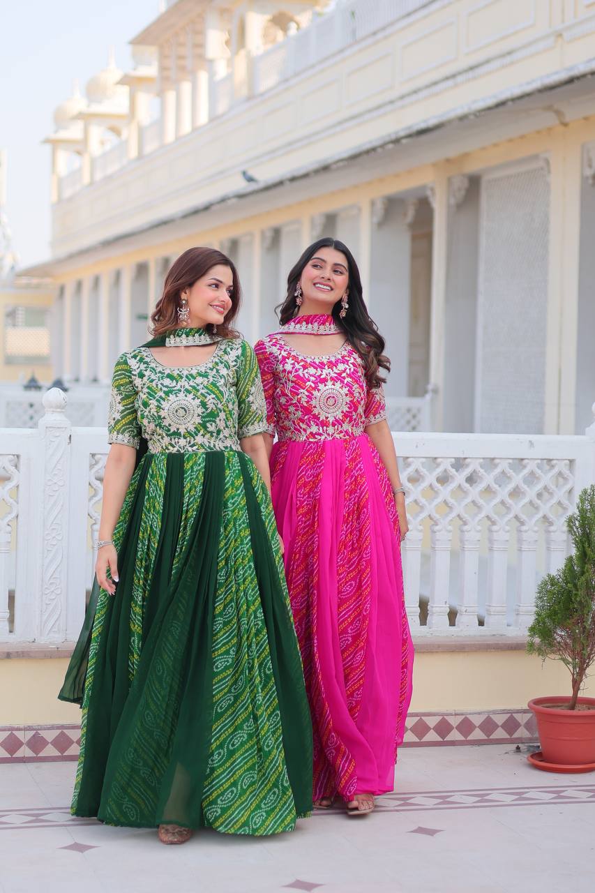 Saanvi Pure Bandhej Georgette Embroidered Gown Set
