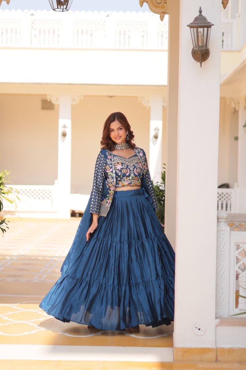 Blue chinon embroidered Maanvi designer lehenga choli koti outfit