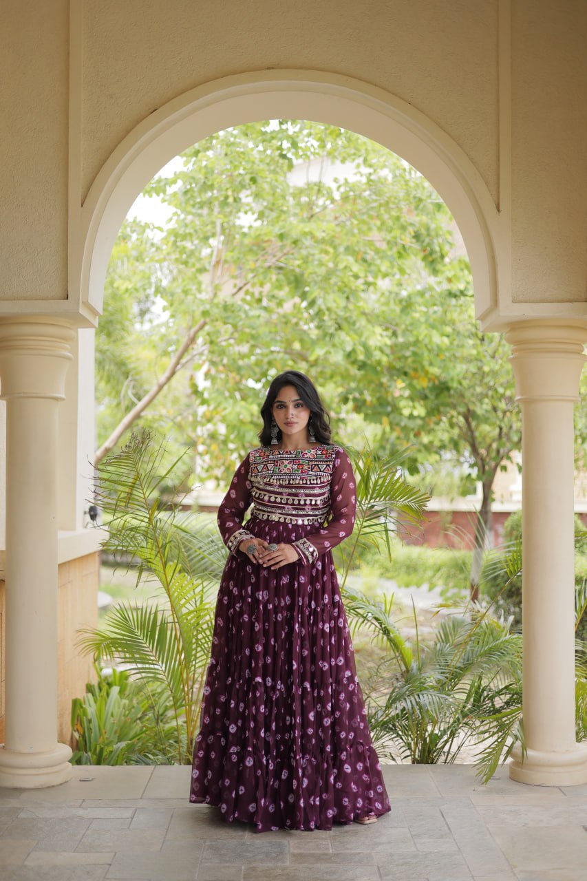 Lavanya Purple Faux Georgette Bandhani Kutchi Patchwork Gown