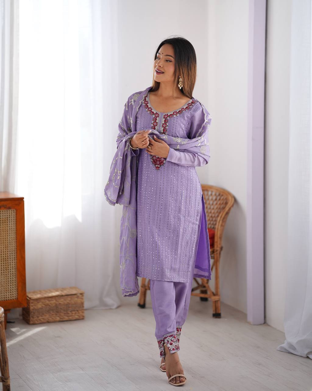 Purple Chinon silk kurti set with sequin thread work, a fully stitched kurti set online with 3XL margin—perfect festive wear for women by Trinaari.