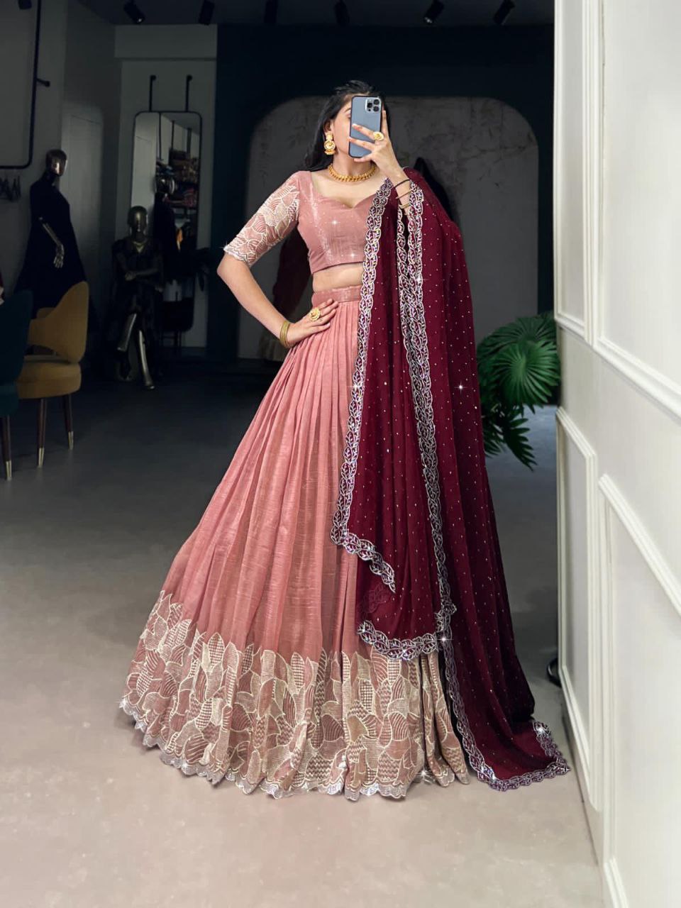 Peach Silver Glossy Embroidered with Hotfix Work Lehenga Choli