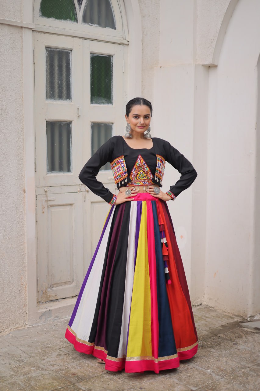 Multicolor Pure Rayon Navratri Lehenga Choli with Koti Style Blouse