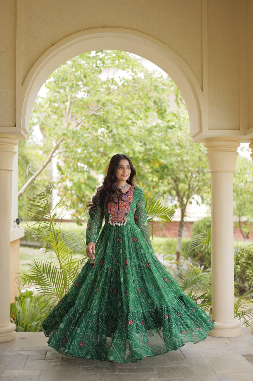 Ira Green Faux Georgette Bandhani Kutchi Patchwork Gown