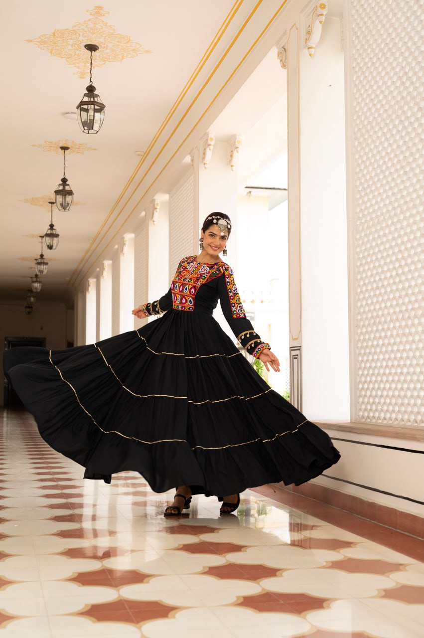 Black Kora Cotton Kutchi Gamthi Mirror Work and Kodi Lace Gown