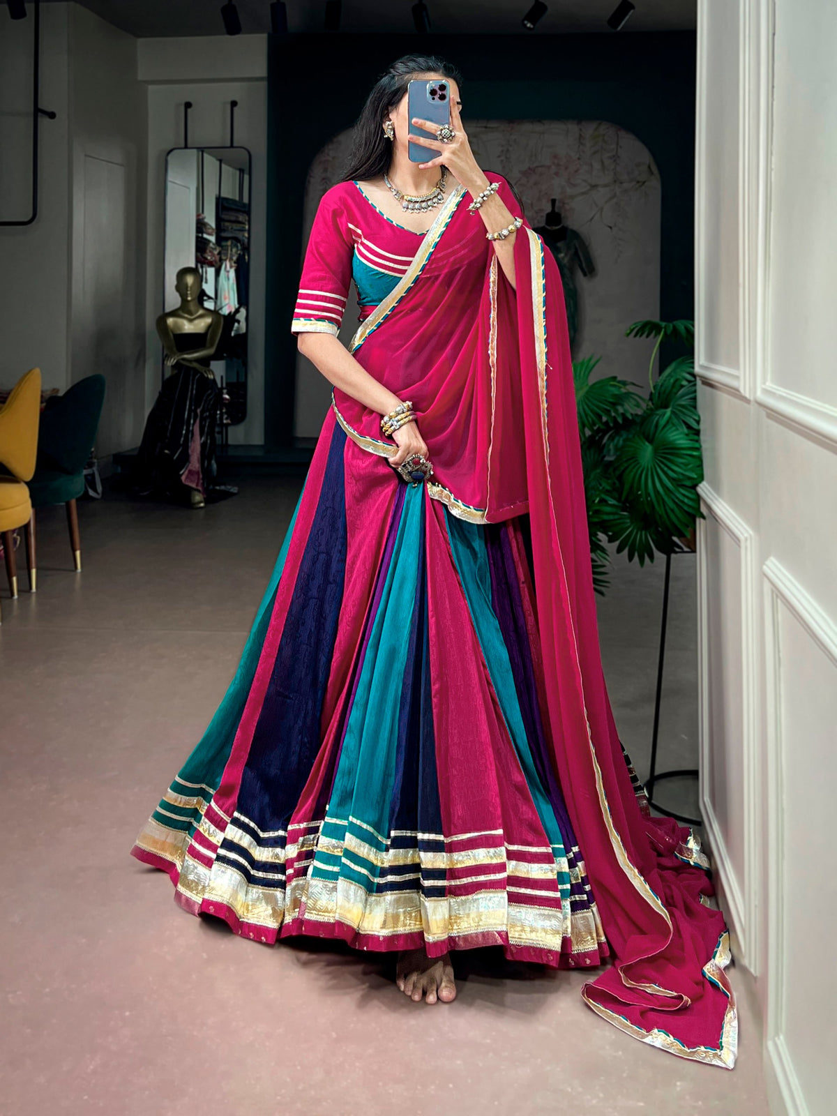 Naina Multicolor Chinon Embossed Lace Lehenga Choli
