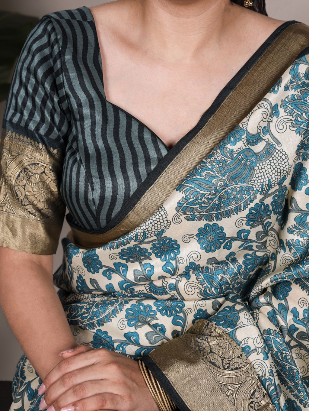 Teal Blue Color Tasar Silk Printed Saree with Viscose Border and Blouse