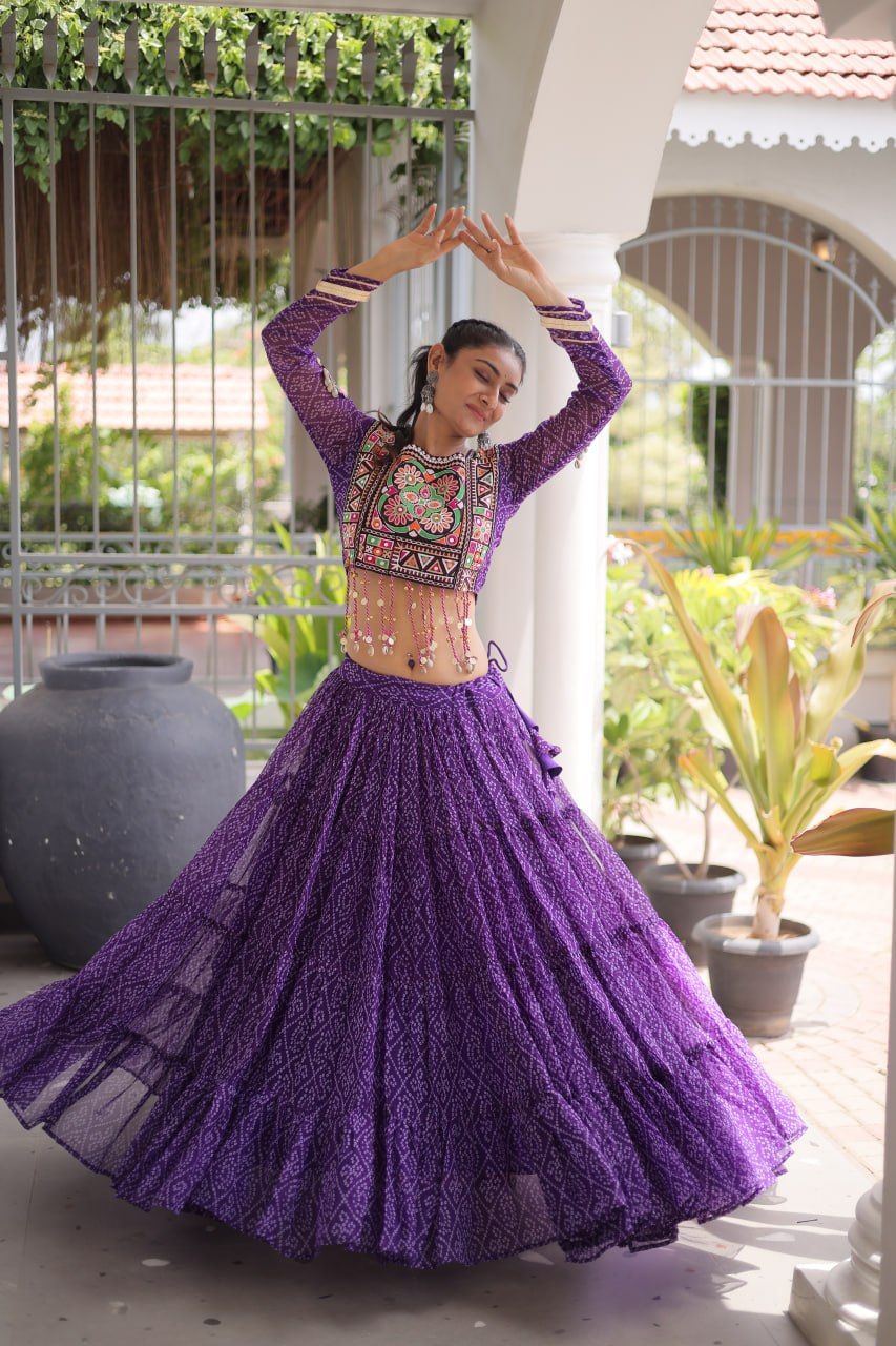 Anjali Purple Faux Georgette Bandhani Kutchi Patchework Lehenga