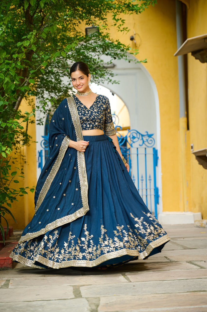 Teal blue Vichitra silk sequins embroidery lehenga choli with dupatta