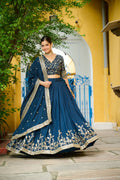 Teal blue Vichitra silk sequins embroidery lehenga choli with dupatta